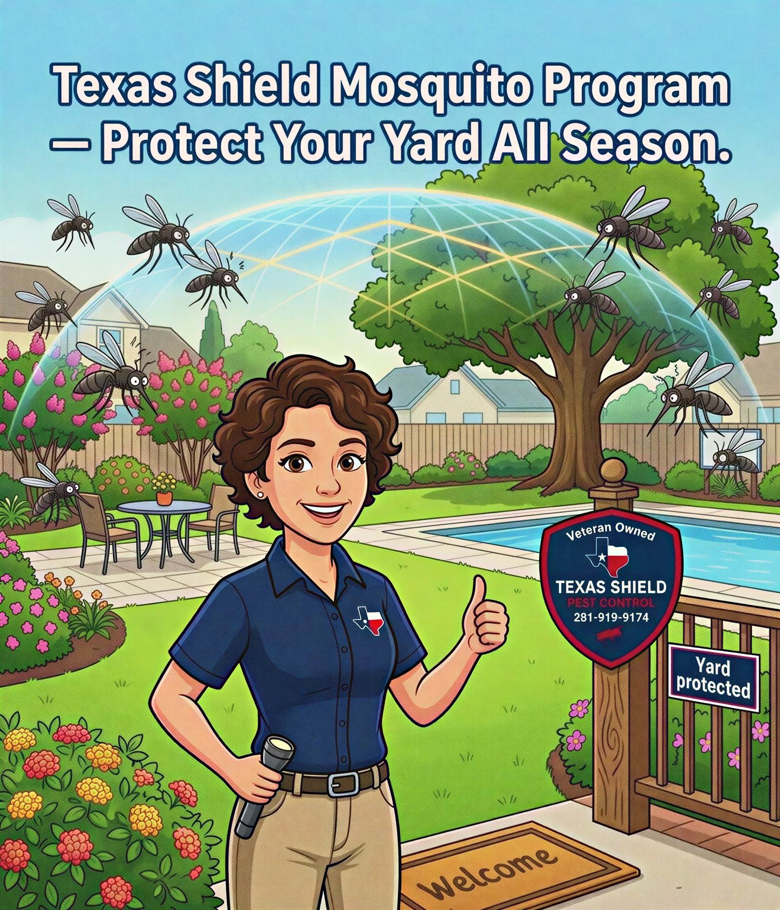 Yard protected from mosquitos cartoony girl — Texas Shield Pest Control
