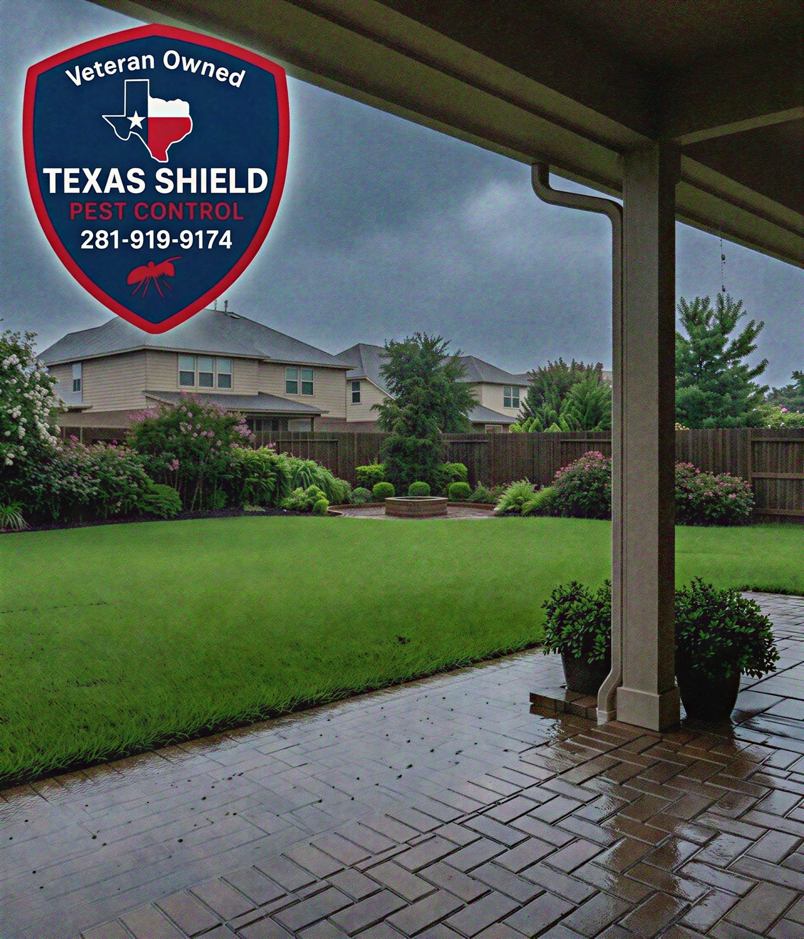 Rainy backyard with logo — Texas Shield Pest Control